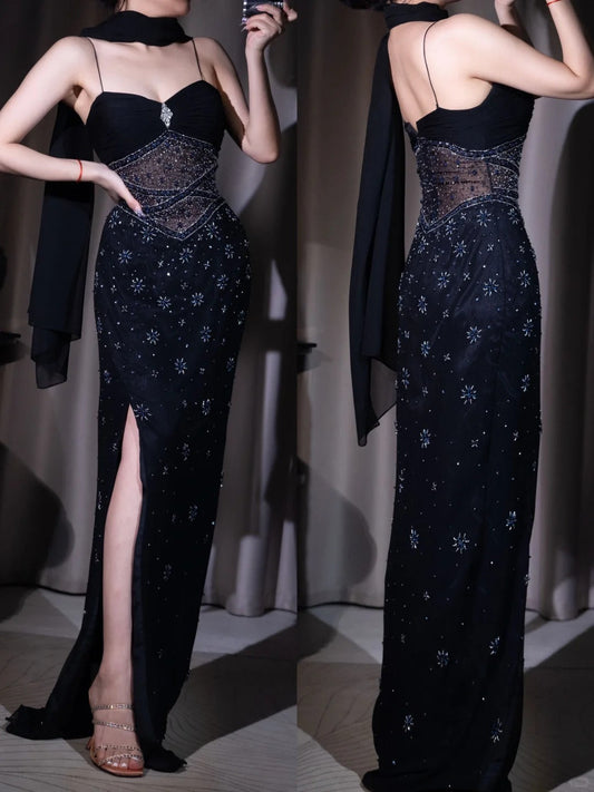 Spaghetti Strap Sheath Evening Dress Birthday Dress Black Beaded Chiffon Party Dress Slit Prom Dress HZ1024
