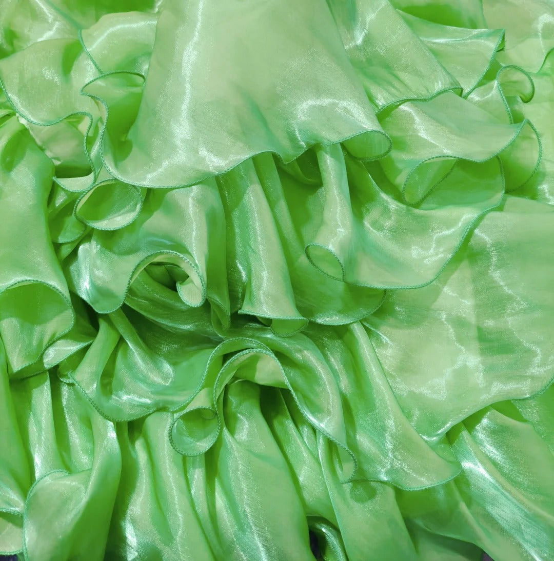Vintage Spaghetti Strap Ball Gown Evening Dress Green Satin Tiered Party Dress  ED03775