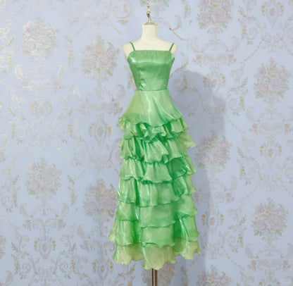 Vintage Spaghetti Strap Ball Gown Evening Dress Green Satin Tiered Party Dress  ED03775