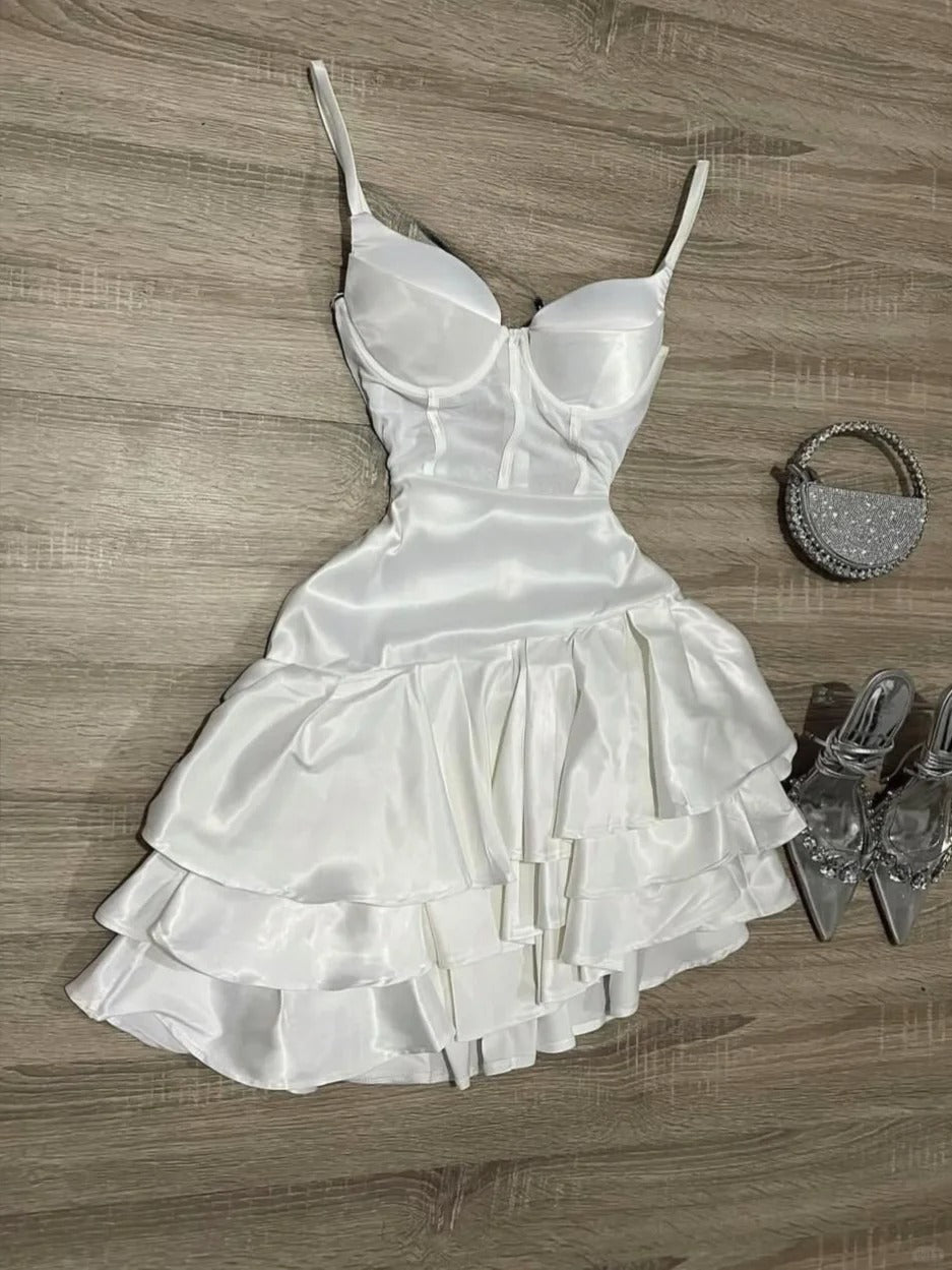 White Birthday Dress Spaghetti Strap Ball Gown Satin Party Dress Short Homecoming Dress HZ1024