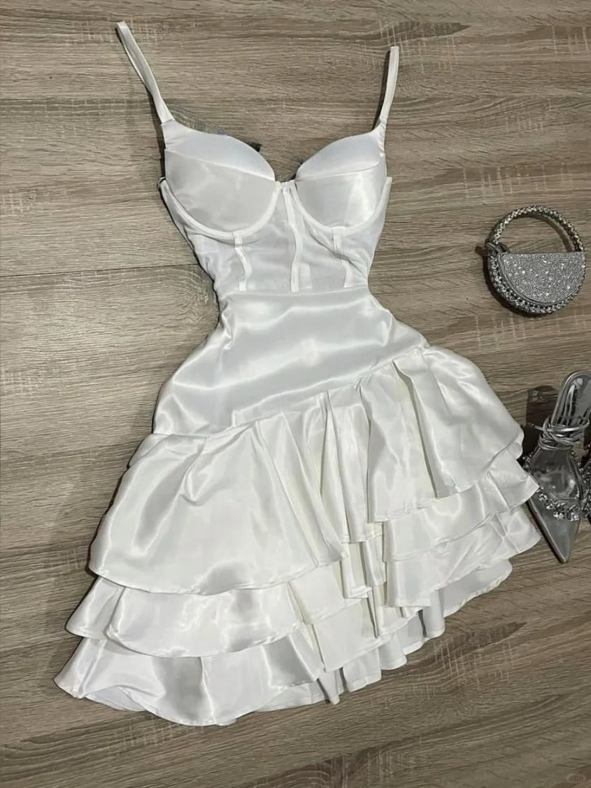 White Birthday Dress Spaghetti Strap Ball Gown Satin Party Dress Short Homecoming Dress HZ1024