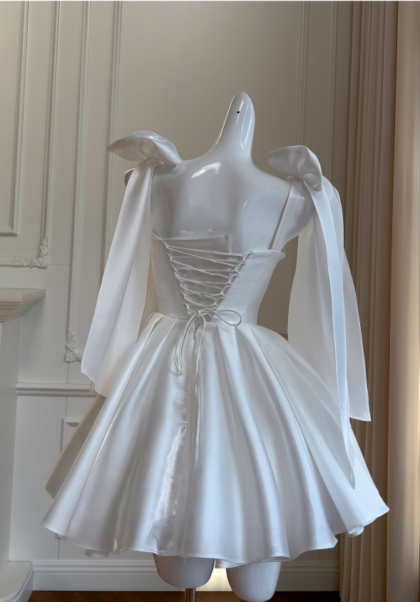 White Birthday Dress Strap Ball Gown Satin Party Dress Short Homecoming Dress HZ1024