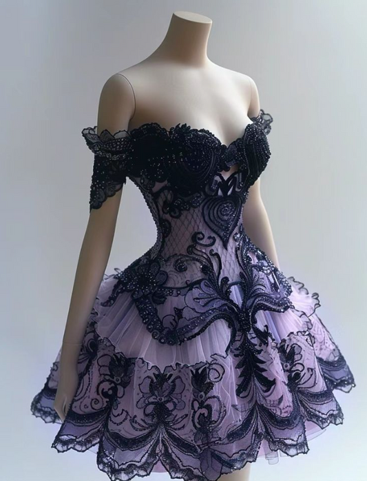 Ball Gown Sweetheart Neck Birthday Dress Lace Applique Party Dress Tulle Purple Short Homecoming Dress HZ1024