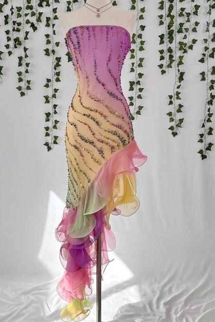Colorful Strapless Sheath Prom Dress Chiffon Sequin Vintage Evening Dress Birthday Dress HZ1024