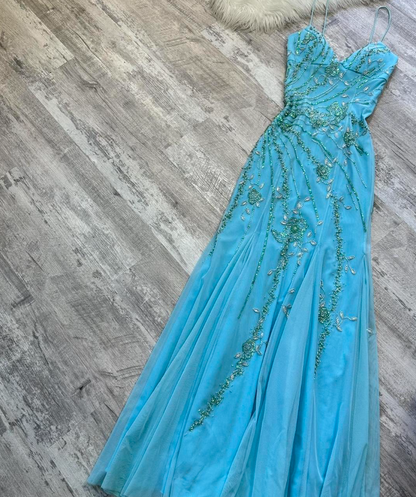 Vintage Blue Sheath Spaghetti Strap Long Prom Dress Beaded Chiffon Evening Dress Stunning Formal Dress ED03791