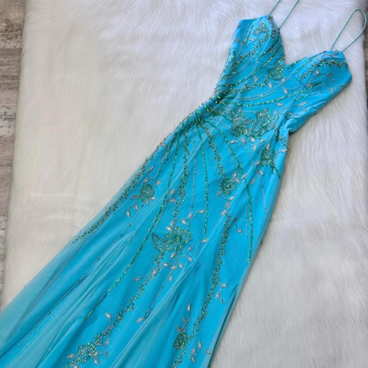 Vintage Blue Sheath Spaghetti Strap Long Prom Dress Beaded Chiffon Evening Dress Stunning Formal Dress ED03791