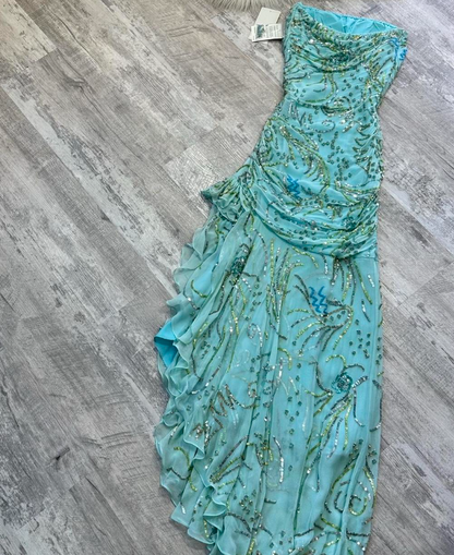 Blue Vintage Sheath Strapless Evening Gown Elegant Sequin Chiffon Formal Dress Long Prom Dress ED03794