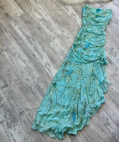 Blue Vintage Sheath Strapless Evening Gown Elegant Sequin Chiffon Formal Dress Long Prom Dress ED03794