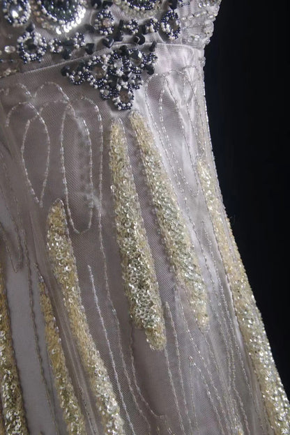 Vintage Sheath V-neck Silk Beaded Long Evening Gowns,Sequined Tulle Light Grey  Formal Dresses Gorgeous Prom Dress ED03799