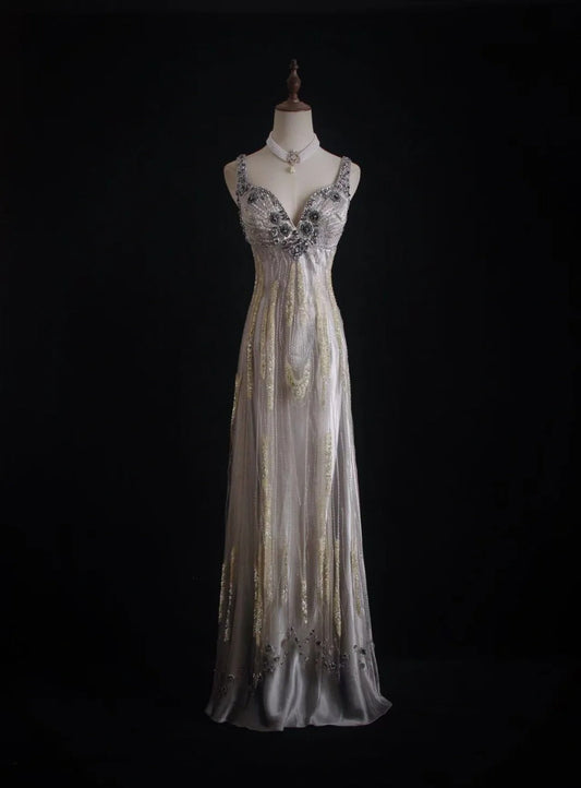 Vintage Sheath V-neck Silk Beaded Long Evening Gowns,Sequined Tulle Light Grey  Formal Dresses Gorgeous Prom Dress ED03799