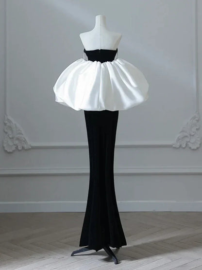 Mermaid Velvet Puff Sleeves Black Long Prom Dress, Black Evening Dress HZ1024