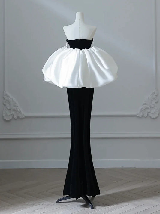 Simple Mermaid Velvet Puff Sleeves Black Long Prom Dress, Black Evening Dress ED038