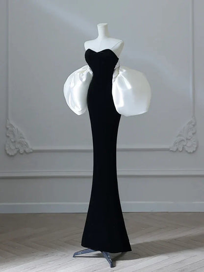 Mermaid Velvet Puff Sleeves Black Long Prom Dress, Black Evening Dress HZ1024