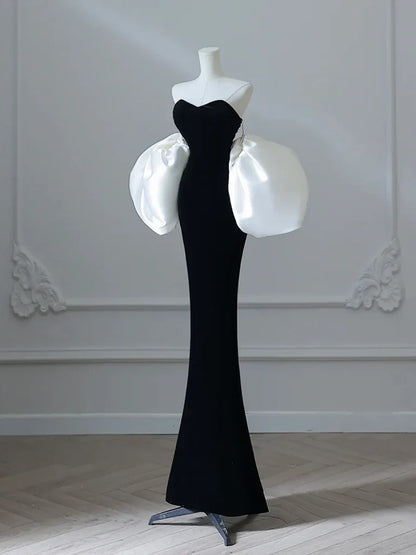 Simple Mermaid Velvet Puff Sleeves Black Long Prom Dress, Black Evening Dress ED038