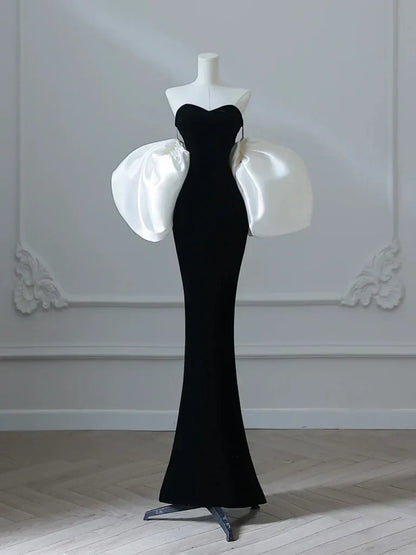 Mermaid Velvet Puff Sleeves Black Long Prom Dress, Black Evening Dress HZ1024