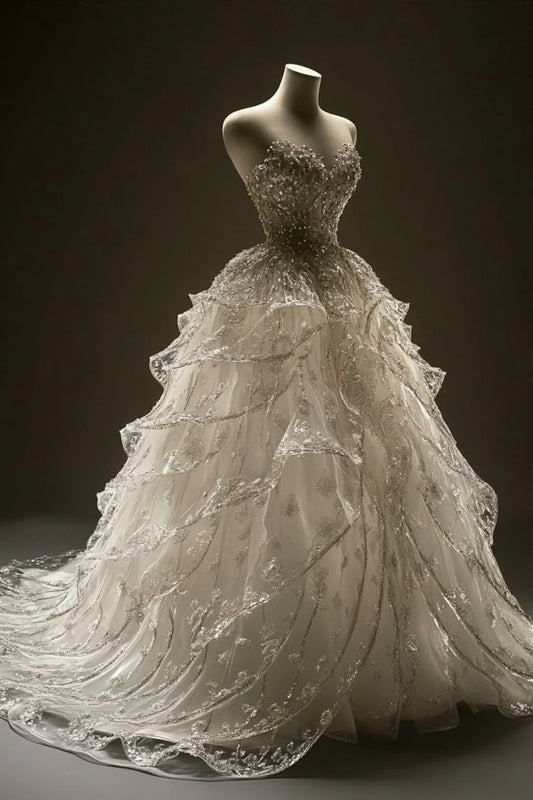 Modest Sweetheart Ball Gown Tulle Sequin Long Wedding Dress Gorgeous Bridal Dress HZ1024