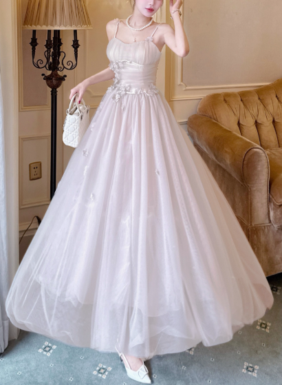 White Modest Spaghetti Strap Ball Gown Tulle Apricot Long Prom Dress Sweet 16 Dress ED03805