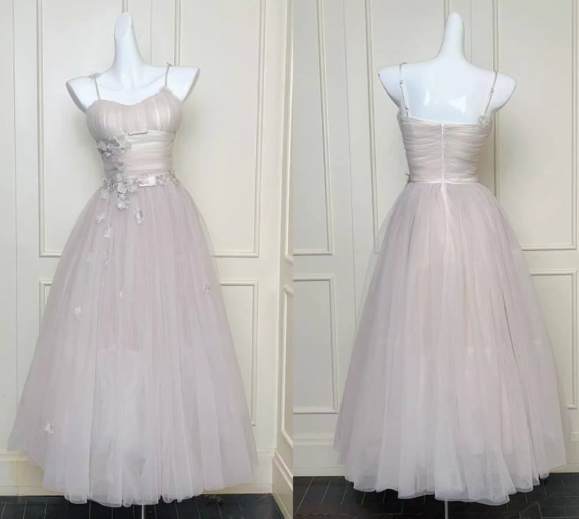 White Modest Spaghetti Strap Ball Gown Tulle Apricot Long Prom Dress Sweet 16 Dress ED03805