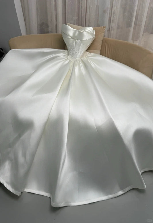 Elegant Strapless Ball Gown Satin Bridal Dress Simple Modest Wedding Dress ED03808