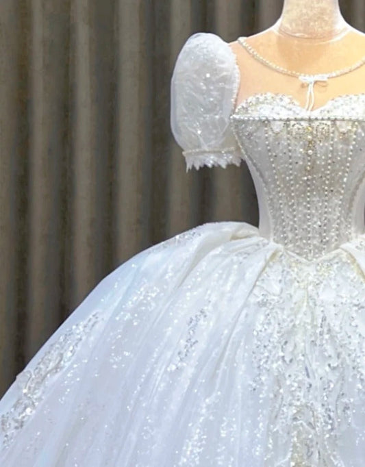 Sweetheart Neck Ball Gown Tulle Beaded Bridal Dress Modest Short Sleeve Wedding Dress HZ1024