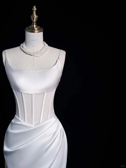 Elegant Sheath White Bateau Neck Satin Bridal Dress Modest Wedding Dress ED03811