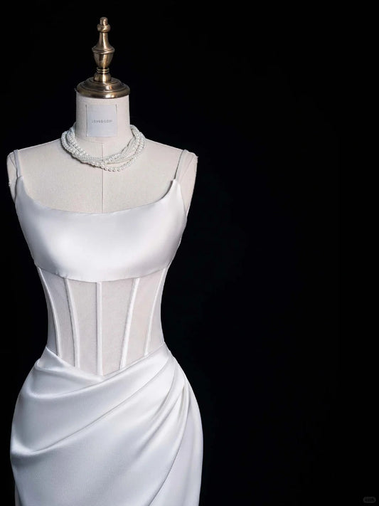 Elegant Sheath White Bateau Neck Satin Bridal Dress Modest Wedding Dress ED03811
