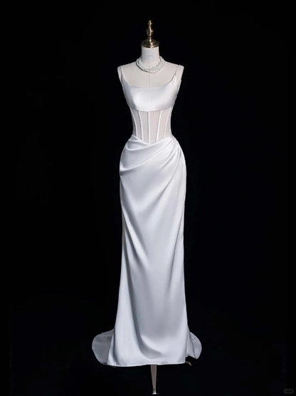 Elegant Sheath White Bateau Neck Satin Bridal Dress Modest Wedding Dress ED03811