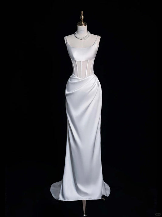 Elegant Sheath White Bateau Neck Satin Bridal Dress Modest Wedding Dress ED03811