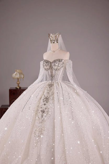 Elegant White Ball Gown Off-the-shoulder Bridal Gown Tulle Beading Long Sleeve Bridal Dress Modest Wedding Dress ED03812