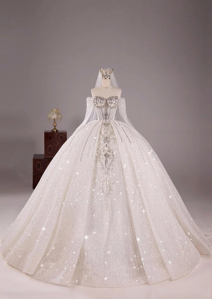 Elegant White Ball Gown Off-the-shoulder Bridal Gown Tulle Beading Long Sleeve Bridal Dress Modest Wedding Dress ED03812