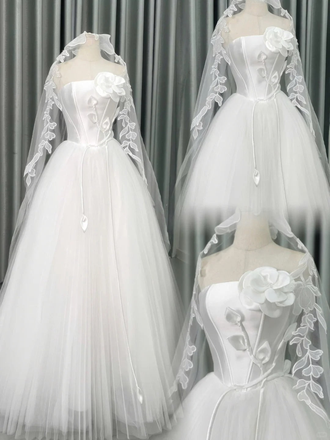 Elegant White Ball Gown Strapless Bridal Gown Tulle Satin Bridal Dress Modest Wedding Dress with Veil ED03813