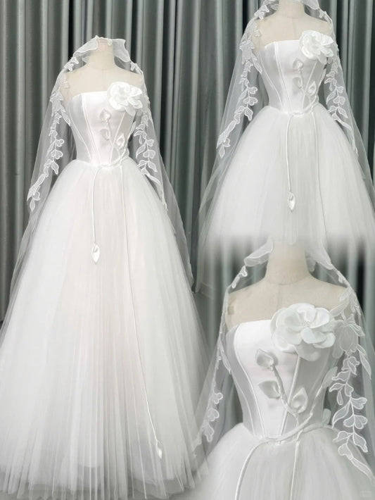 Elegant White Ball Gown Strapless Bridal Gown Tulle Satin Bridal Dress Modest Wedding Dress with Veil ED03813