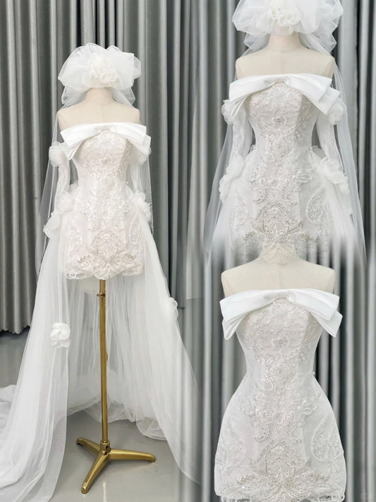 Elegant White Short Sheath Strapless Bridal Gown Tulle Beaded Applique Bridal Dress Modest Wedding Dress with Veil ED03814