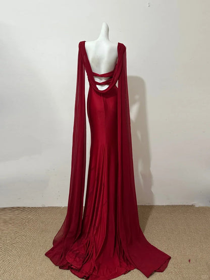 Stunning Sheath V-Neck Long Evening Dress Burgundy Backless Satin Prom Dress with Ribbon ED03816