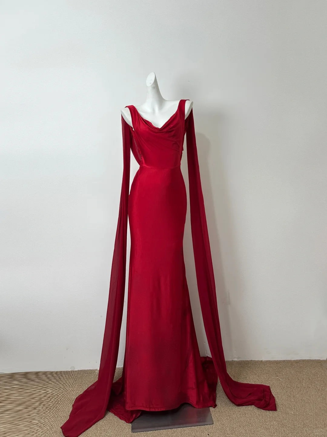 Stunning Sheath V-Neck Long Evening Dress Burgundy Backless Satin Prom Dress with Ribbon ED03816