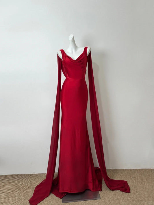 Stunning Sheath V-Neck Long Evening Dress Burgundy Backless Satin Prom Dress with Ribbon ED03816