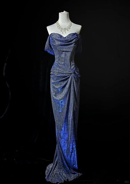 Off-the-shoulder Sheath Long Evening Dress Navy Blue Glitter Formal Dress Elegant Prom Dress HZ1024