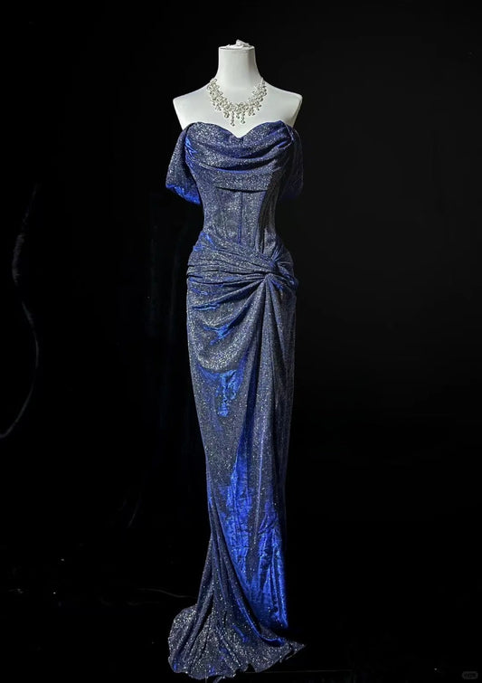 Vintage Off-the-shoulder Sheath Long Evening Dress Navy Blue Glitter Formal Dress Elegant Prom Dress ED03818