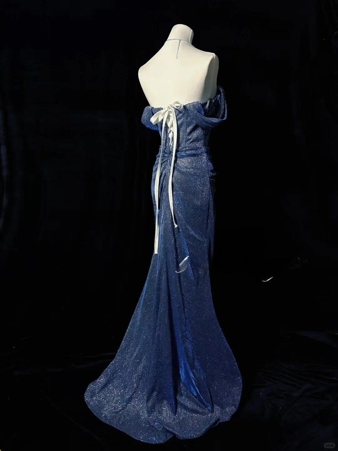 Vintage Off-the-shoulder Sheath Long Evening Dress Navy Blue Glitter Formal Dress Elegant Prom Dress ED03818