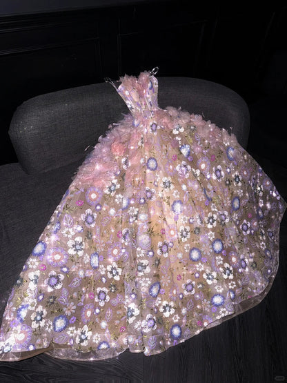 Strapless Ball Gown Quinceanera Dress Tulle Sequin Pink Evening Dress Applique Sweet 16 Dress HZ1024