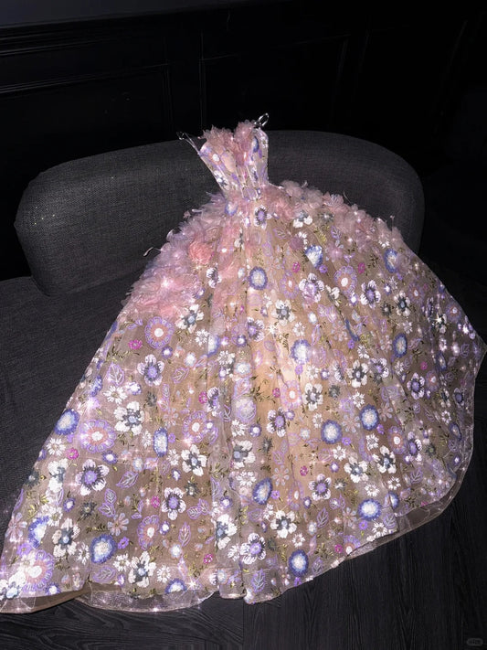 Strapless Ball Gown Quinceanera Dress Tulle Sequin Pink Evening Dress Applique Sweet 16 Dress HZ1024