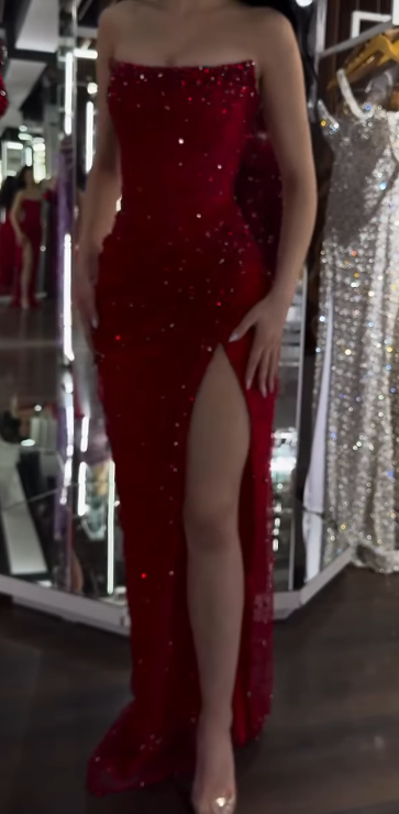 Strapless Sheath Silt Evening Dress Burgundy Modest Rhinestone Two-Piece Long Prom Dress HZ1024