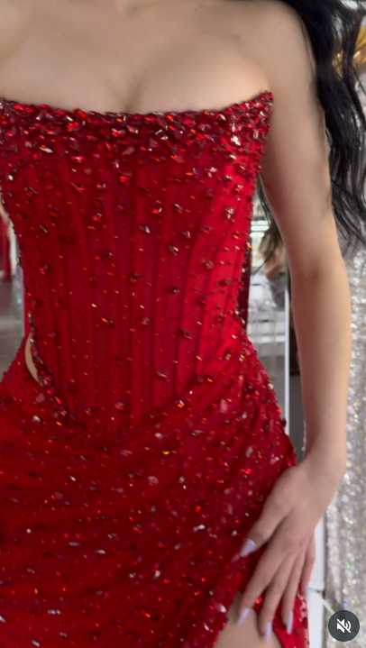 Elegant Strapless Sheath Silt Evening Dress Burgundy Modest Rhinestone Two-Piece Long Prom Dress ED03821