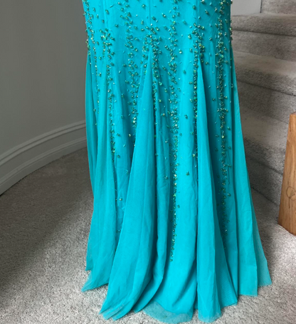 Vintage Halter Mermaid Evening Dress Turquoise Beaded Chiffon Formal Dress Modest  Long Prom Dress ED03822