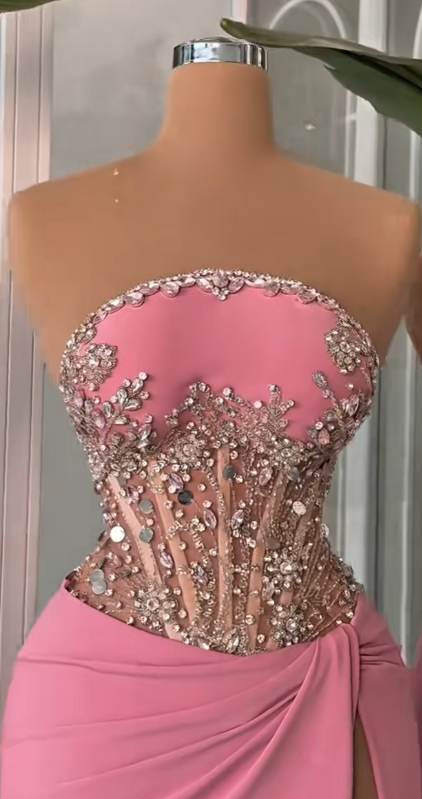 Elegant Sheath Strapless Long Prom Dress Modest Pink Beaded Satin Formal Evening Gown ED03824
