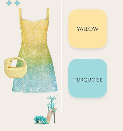Sparkly Yellow/Turquoise Sheath Spaghetti Straps Short Formal Dress Elegant Beaded Birthday Outfit Homecoming Dress ED03830