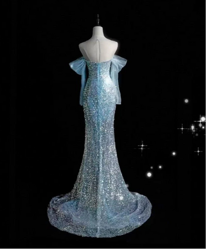 Gorgeous Ice Blue Mermaid Off-the-Shoulder Evening Dress Elegant Tulle Sequined Long Prom Dress with Long Sleeves ED03834