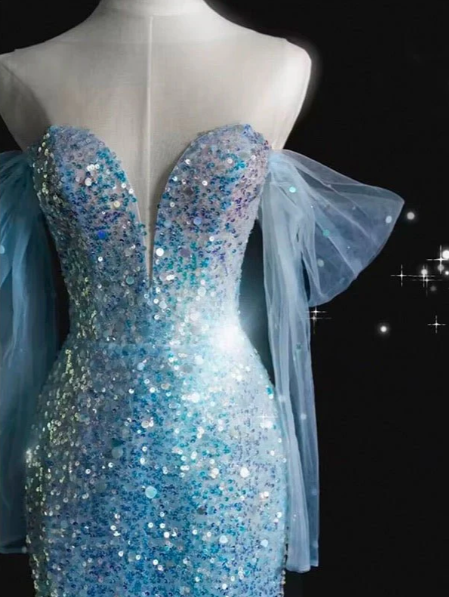 Gorgeous Ice Blue Mermaid Off-the-Shoulder Evening Dress Elegant Tulle Sequined Long Prom Dress with Long Sleeves ED03834