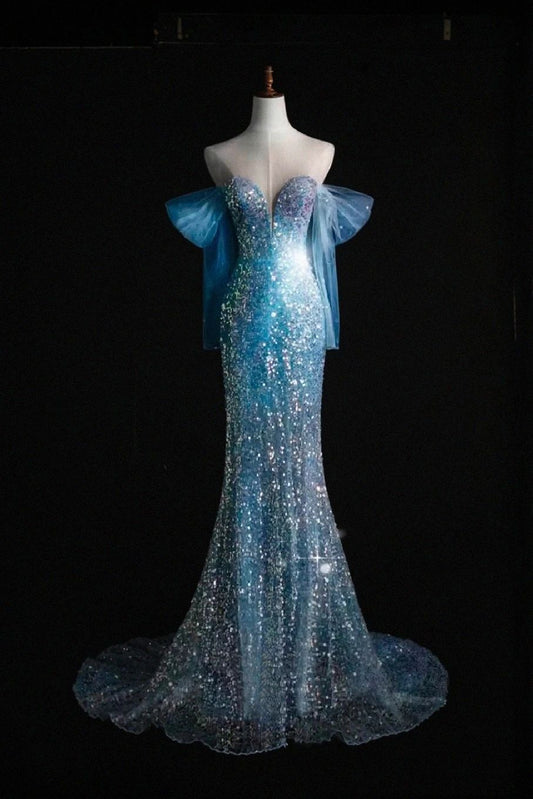 Ice Blue Mermaid Off-the-Shoulder Evening Dress Elegant Tulle Sequined Long Prom Dress with Long Sleeves HZ1024