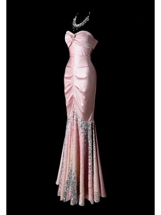 Pink Mermaid Sweetheart Neck Evening Dress Modest Satin Sequin Formal Dress Long Prom Dress HZ1024